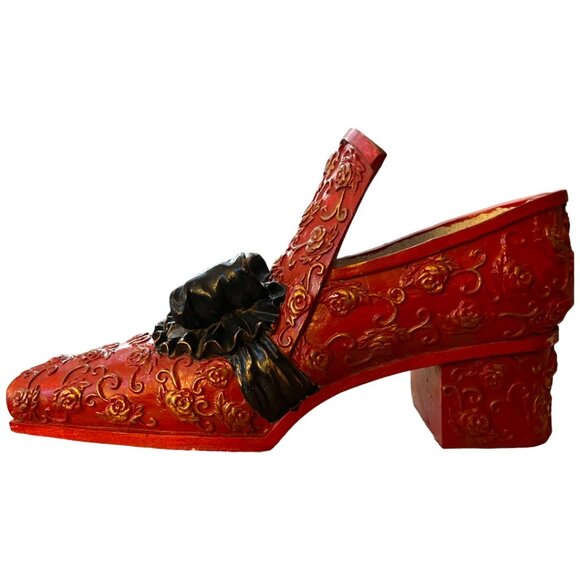 RARE! Vtg Ornate Red Plaster Shoe Planter Frilly Black Bow, Roses & Gold Accents - Picture 4 of 15